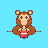 macaco bonito comendo macarrão ramen. conceito de desenho animado animal isolado. pode ser usado para t-shirt, cartão de felicitações, cartão de convite ou mascote. estilo cartoon plana vetor