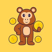 macaco bonito segurando moedas. conceito de desenho animado animal isolado. pode ser usado para t-shirt, cartão de felicitações, cartão de convite ou mascote. estilo cartoon plana vetor