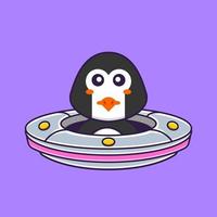 bonito pinguim dirigindo a nave espacial ufo. conceito de desenho animado animal isolado. pode ser usado para t-shirt, cartão de felicitações, cartão de convite ou mascote. estilo cartoon plana vetor