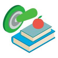Educação símbolo ícone isométrico vetor. vermelho maçã em pilha do livro e interruptor acima vetor