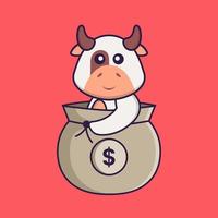vaca bonita em um saco de dinheiro. conceito de desenho animado animal isolado. pode ser usado para t-shirt, cartão de felicitações, cartão de convite ou mascote. estilo cartoon plana vetor