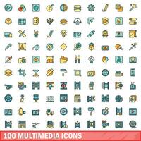 100 multimídia ícones definir, cor linha estilo vetor
