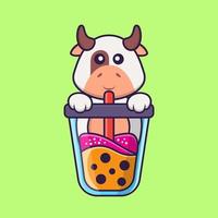 vaca bonita bebendo chá com leite de boba. conceito de desenho animado animal isolado. pode ser usado para t-shirt, cartão de felicitações, cartão de convite ou mascote. estilo cartoon plana vetor