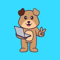 cachorro bonito segurando laptop. conceito de desenho animado animal isolado. pode ser usado para t-shirt, cartão de felicitações, cartão de convite ou mascote. estilo cartoon plana vetor