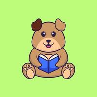 cachorro bonito lendo um livro. conceito de desenho animado animal isolado. pode ser usado para t-shirt, cartão de felicitações, cartão de convite ou mascote. estilo cartoon plana vetor