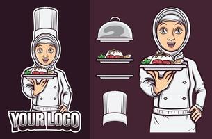 bela chef muçulmana com o logotipo da comida halal segurando um hijab vetor