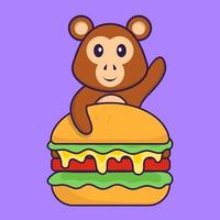 macaco fofo comendo hambúrguer. conceito de desenho animado animal isolado. pode ser usado para t-shirt, cartão de felicitações, cartão de convite ou mascote. estilo cartoon plana vetor