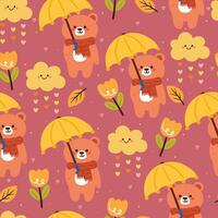 desatado padronizar desenho animado Urso com guarda-chuva, folhas e outono vibrações elemento. fofa outono papel de parede para feriado. Projeto para tecido, plano projeto, presente embrulho papel vetor