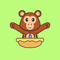 macaco fofo com bolo de aniversário. conceito de desenho animado animal isolado. pode ser usado para t-shirt, cartão de felicitações, cartão de convite ou mascote. estilo cartoon plana vetor