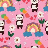 desatado padronizar desenho animado panda, flor, arco Iris dentro dentro Rosa fundo. fofa papel de parede para têxtil, presente embrulho papel vetor