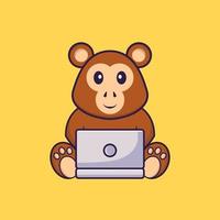 macaco bonito usando laptop. conceito de desenho animado animal isolado. pode ser usado para t-shirt, cartão de felicitações, cartão de convite ou mascote. estilo cartoon plana vetor