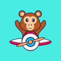 macaco bonito voando em um avião. conceito de desenho animado animal isolado. pode ser usado para t-shirt, cartão de felicitações, cartão de convite ou mascote. estilo cartoon plana vetor
