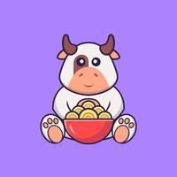 vaca fofa comendo macarrão ramen. conceito de desenho animado animal isolado. pode ser usado para t-shirt, cartão de felicitações, cartão de convite ou mascote. estilo cartoon plana vetor