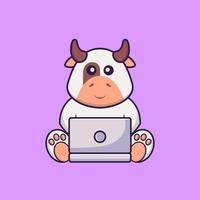 vaca bonita usando laptop. conceito de desenho animado animal isolado. pode ser usado para t-shirt, cartão de felicitações, cartão de convite ou mascote. estilo cartoon plana vetor