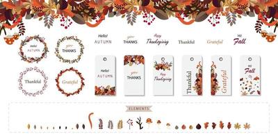 conjunto de etiqueta e grinalda de flores e folhas de outono. vetor de design do festival de ação de graças