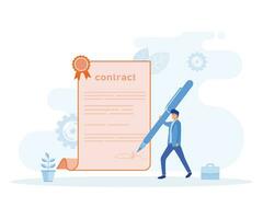 o negócio contrato conceito, personagem assinatura legal documento, lendo contrato termos e condições. plano vetor moderno ilustração