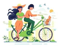 um homem e sua namorada andam de bicicleta em um parque, um jardim sombreado, ambiente muito agradável vetor