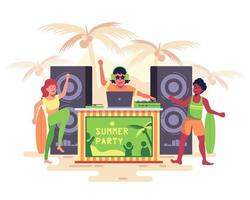DJ toca música na praia com alto-falantes adolescentes dançando alegremente vetor