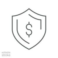 garantia financeiro, proteger dólar ícone. dinheiro seguro com escudo. moeda riqueza distintivo. poupança e investimento segurança Cuidado. editável acidente vascular encefálico vetor ilustração. Projeto em branco fundo eps 10