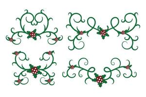 Natal floresce redemoinhos divisores linhas decorativo elementos, vintage caligrafia rolagem alegre Natal azul e vermelho azevinho enfeites, inverno azevinho cabeçalhos letras fronteira página decoração verde ornamentado vetor