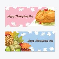 cartão de feliz dia de ação de graças com folhas de abóbora, maçã, milho e plátano vetor