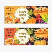 cartão de feliz dia de ação de graças com abóbora, baga, milho e torta