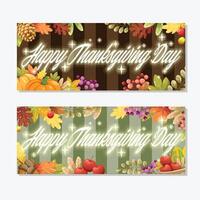 cartão de dia de ação de graças feliz com folha de bordo, maçã, baga, noz e muitos tipos de folhas. vetor