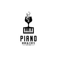 piano Barra logotipo, vetor do uma vidro do vinho em uma piano teclado decorado com musical instrumentos