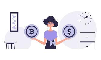 a conceito do mineração e Extração do bitcoin. uma mulher detém uma moeda do bitcoin e dólar dentro dela mãos. personagem dentro na moda estilo. vetor