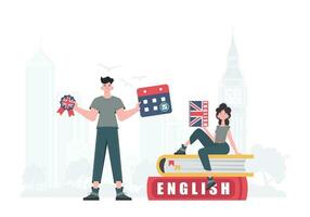 a conceito do Aprendendo inglês. homem e mulher Inglês professor. plano moderno estilo. vetor ilustração.