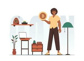 criptomoeda conceito. uma homem detém uma bitcoin dentro dele mãos. personagem dentro moderno na moda estilo. vetor