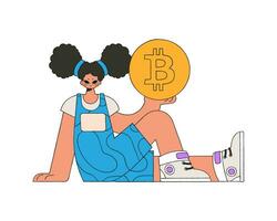 a menina é segurando uma bitcoin. personagem na moda estilo. vetor