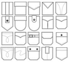 conjunto de patches de bolso. elementos de contorno para roupas, vestidos e camisas uniformes ou de estilo casual. ilustração vetorial de linha no fundo branco vetor