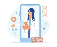 conectados médico Serviços, consulta e telemedicina, inteligente telefone tela com uma fêmea doutor. plano vetor moderno ilustração