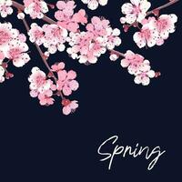 vetor romântico Primavera ilustração. convite modelo com Rosa sakura. floral cumprimento cartão. lindo impressão com florescendo Sombrio e luz cereja flores em azul céu. japonês Casamento estilo.