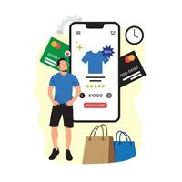 conectados compras conceito. vetor ilustração dentro plano Projeto estilo. homem com crédito cartão e Móvel telefone.