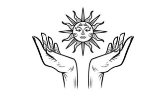 mão desenhando com sol, mão linha desenho, adequado para tatuagens, Preto e branco. vetor