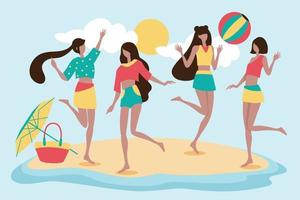 quatro belas mulheres ativas jogando vôlei na praia. vetor