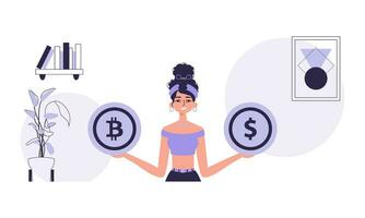 a conceito do mineração e Extração do bitcoin. uma mulher detém uma moeda do bitcoin e dólar dentro dela mãos. personagem com uma moderno estilo. vetor