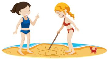 Meninas desenho sol na areia vetor