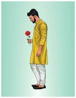 homem dentro shalwar kameez segurando rosa vetor