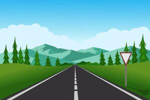 em linha reta esvaziar estrada através a interior. verde colinas, azul céu, Prado e montanhas. verão panorama vetor ilustração.