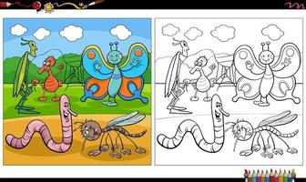 desenho animado insetos personagens grupo livro para colorir vetor