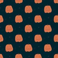 padrão sem emenda de halloween. laranja bonito abóbora jack festivo halloween em um fundo escuro. ilustração vetorial para design, decoração, impressão, papel de parede e têxteis vetor