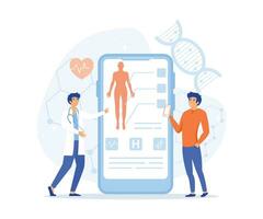 conectados médico consulta, médicos examinando uma paciente usando uma médico aplicativo em uma Smartphone, plano vetor moderno ilustração