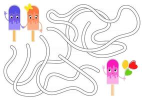 labirinto abstrato da cor. ajude o sorvete fofo a chegar ao sorvete com balões. planilhas para crianças. página de atividades. jogo de quebra-cabeça para crianças. estilo de desenho animado. enigma do labirinto. ilustração vetorial. vetor