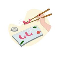 cerâmico Sushi bandeja com camarões, pauzinhos soja molho wasabi ruivo. pedra prato vetor ilustração