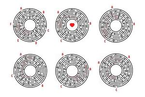 um conjunto de labirintos redondos. jogo para crianças. quebra-cabeça para crianças. enigma do labirinto. ilustração em vetor plana isolada no fundo branco. com resposta.