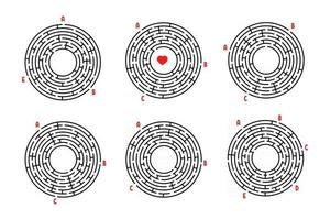 um conjunto de labirintos redondos. jogo para crianças. quebra-cabeça para crianças. enigma do labirinto. ilustração em vetor plana isolada no fundo branco.