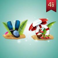 conjunto de ícones volumétricos de verão 3D para suas artes, máscara de mergulho, nadadeiras, folhas de palmeira, coquetel de sorvete de coco, guarda-sol, frutas, folhas de palmeira e tábua de salvação vetor